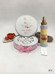 70 Adet Anne & Yavru Tavşan Pembe Metal Kutu İsme Özel - 300 gr Draje (Waffle Sos Hediyeli)